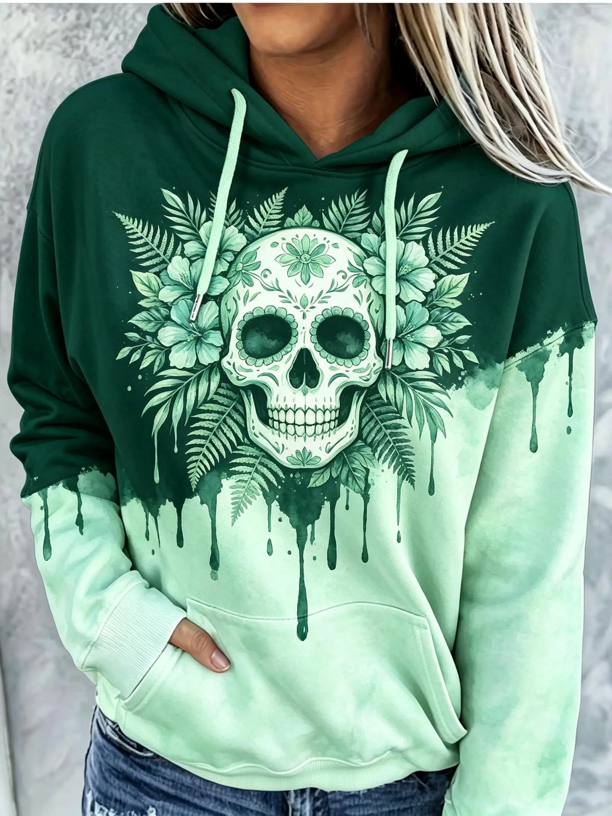 Women Fleece Hoodie Skull Floral Peony Ink Drip Print Long Sleeve Drawstring Pocket Loose Casual Hooded Sweatshirt