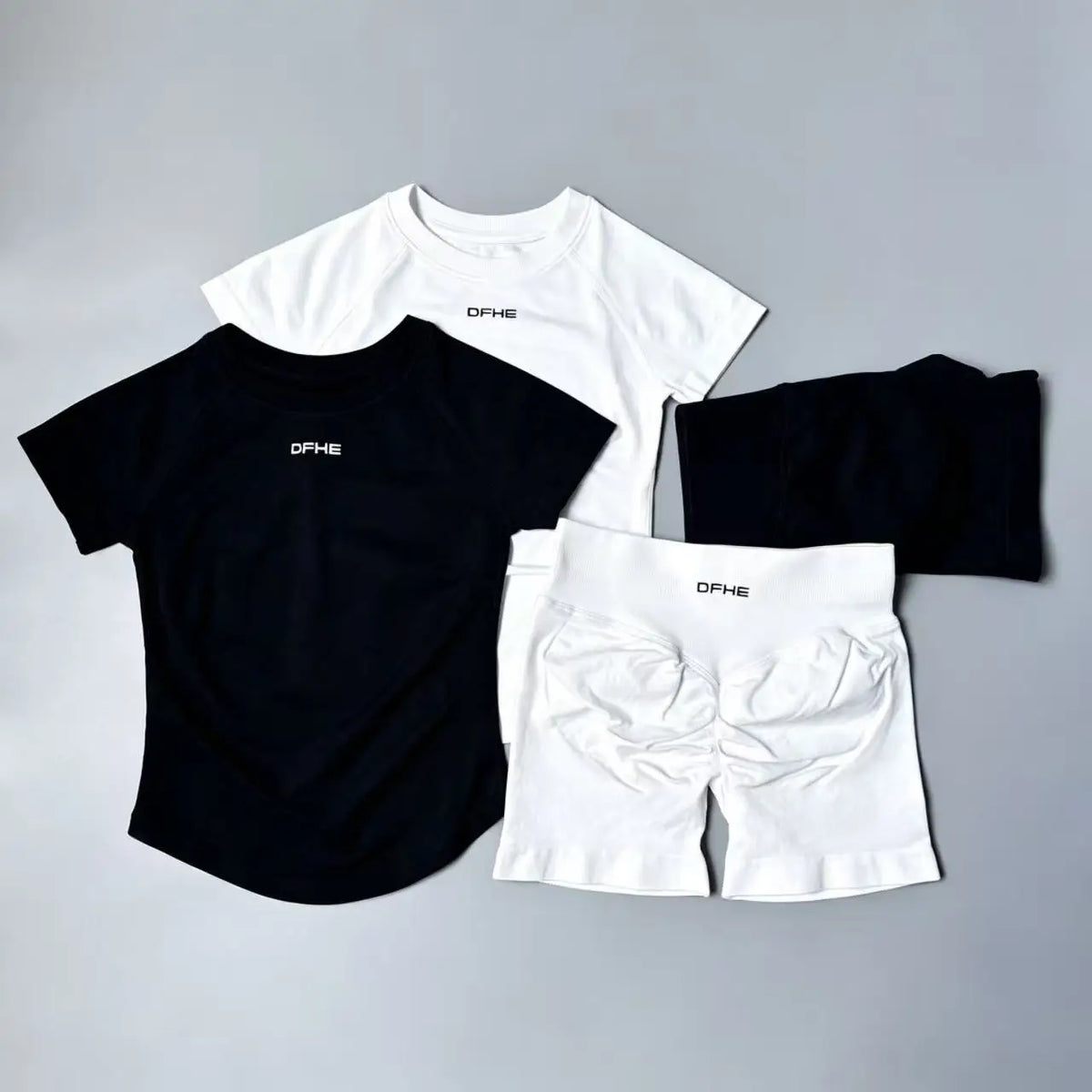 DFHE 2 Piece Athletic Tracksuit, Seamless Short Sleeve Yoga Wear, High Stretch Running Shorts, Gym Training Outfit
