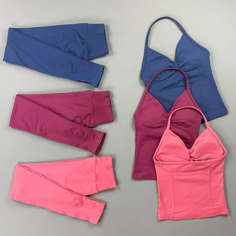 HISTELLO 2 Piece Gym Leggings Set Women's Yoga Longline Strappy Top Seamless Fitness Clothing Running Workout Sports Tops Outfit