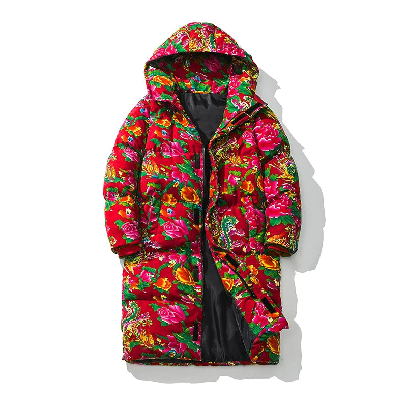 Northeast China Male Parkas High Quality Coat Warm Hooded Clothes Flower Chinese Style Flower Cotton Coat
