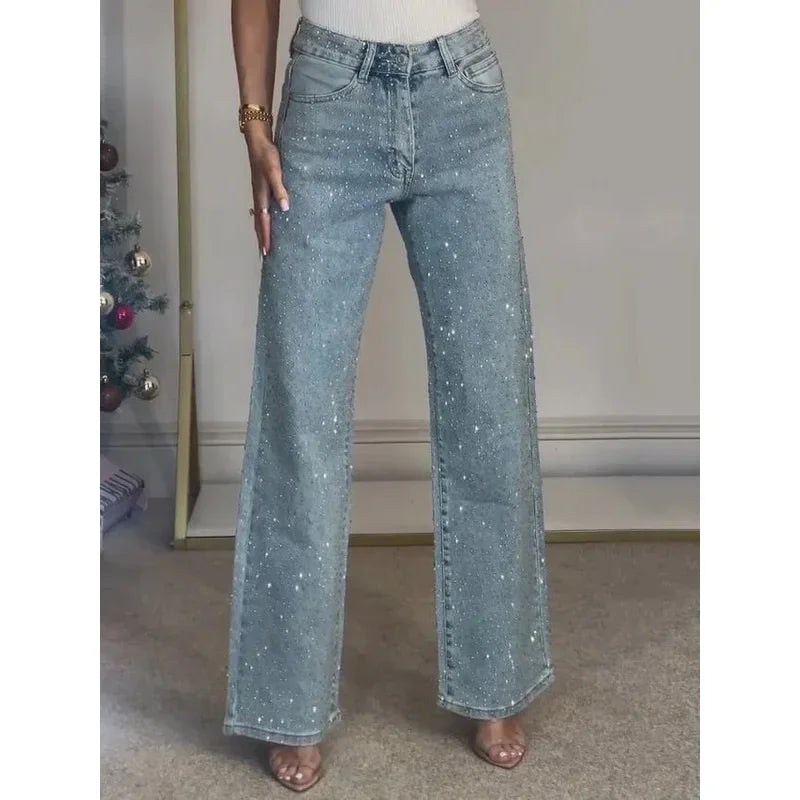2025 Women Straight Diamonds Mom Jeans Stretch High Waist Washed Y2K Streetwear Vintage Denim Trousers For Daily Party Wear