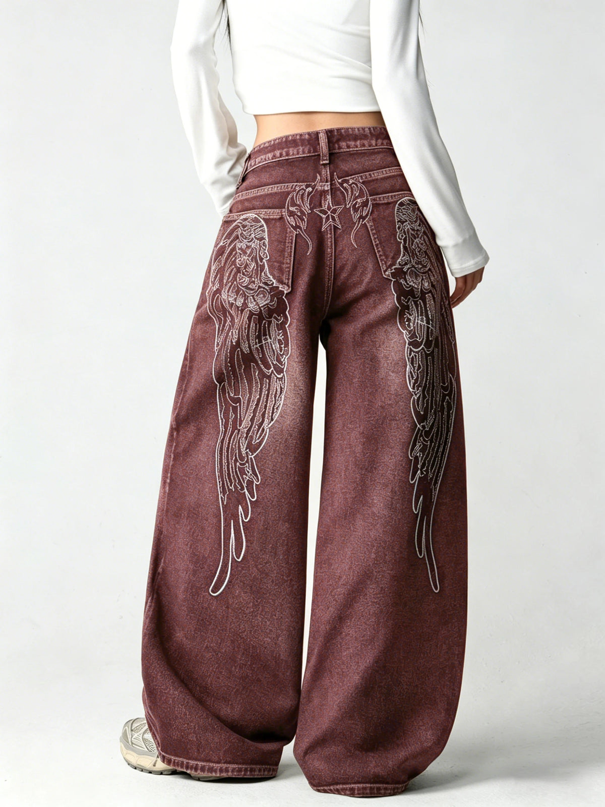 Plus Size Girls Spring Autumn Mid Waist Wide Leg Y2K Jeans Heavy Wing Embroidery Washed Soft Denim Hip Hop Pants