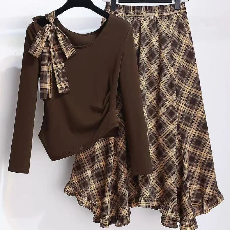 Women 2 Piece Outfit Long Sleeve Irregular Top and Plaid Long Skirt Set Bow Decor Two Piece Set Casual Party Matching Sets