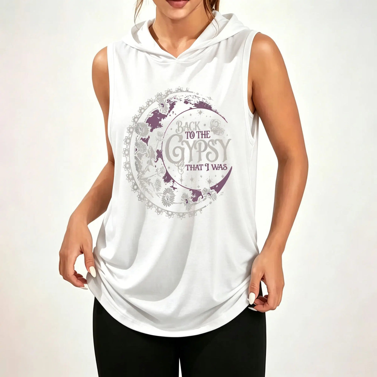 Women Sleeveless Hooded Tank Top, Boho Moon Floral Back To The Gypsy That I Was Letter Print Casual Hooded Sleeveless Tank Top ****