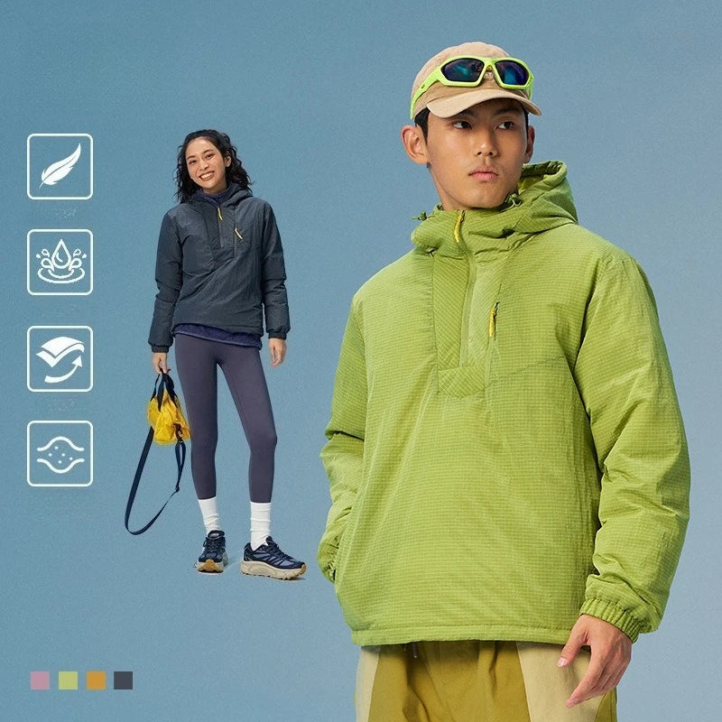 Unisex 90% White Duck Down Pullover – Lightweight Water-Repellent Half-Zip Hooded Jacket with Textured Grid Fabric Hiking Travel