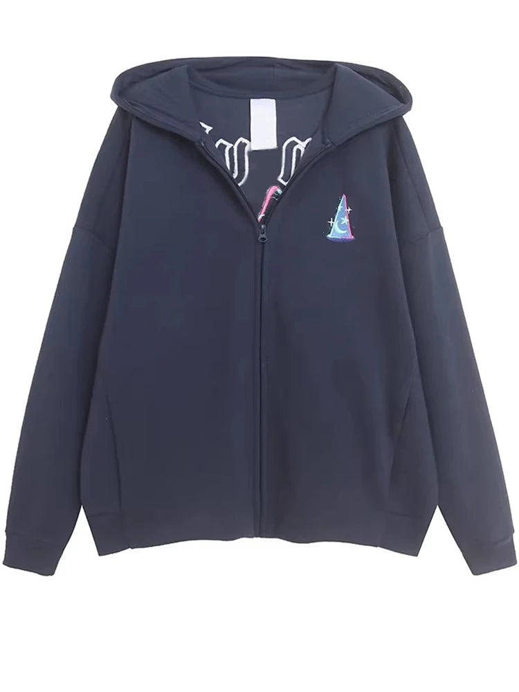 Fashion Letter Magic Cartoon Print Embroidery Fleece Sweatshirt Women Long Sleeve Pocket Hooded Zipper VELOUR Jumper Tops Female