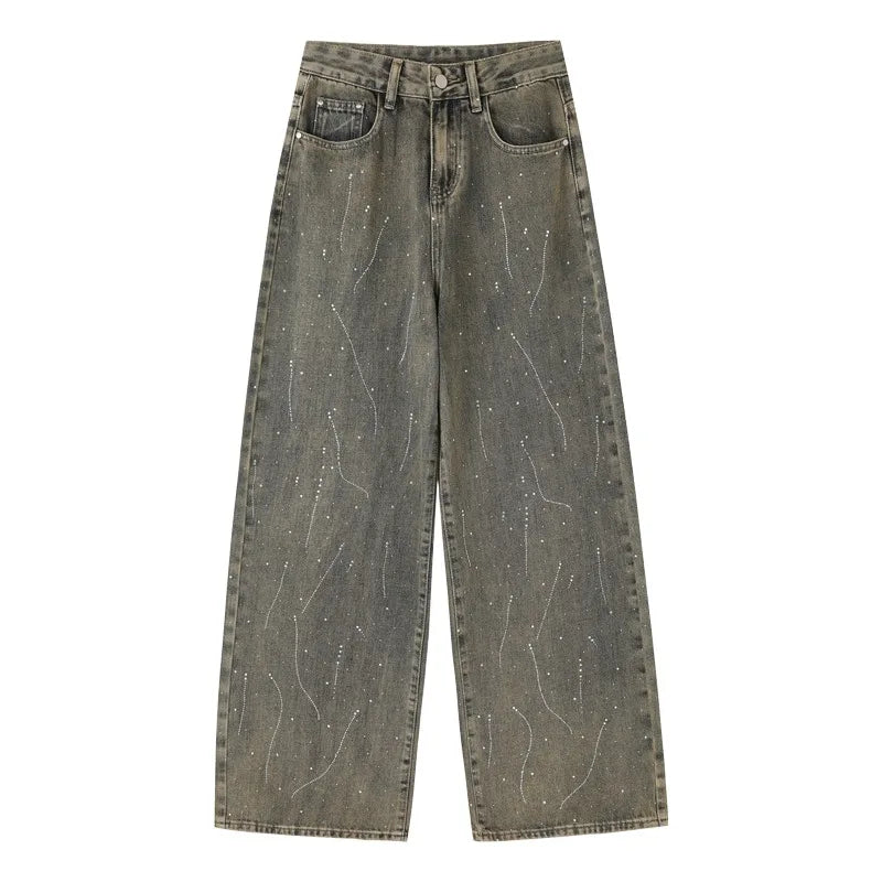 Women's Korean Style Loose Rhinestone Wide Leg Jeans 2026 Summer Vintage Wash American Retro Casual Streetwear Denim Pants