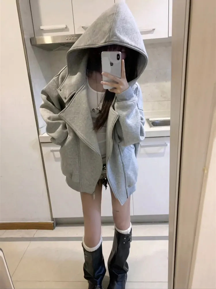 American Style Double Zipper Open Cardigan Hoodie Women's Autumn Winter Loose Casual Versatile High-End Feeling Top