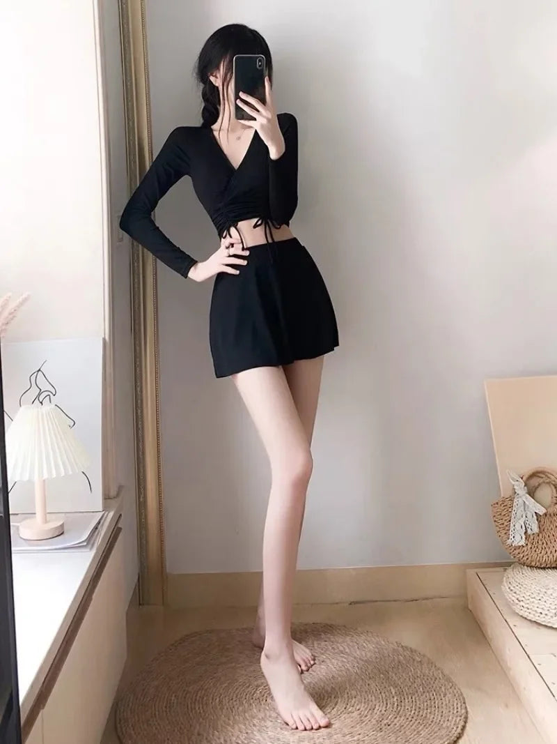 Sexy Korean Fashion Conservative Swimsuit Two Pieces Long Sleeve Cross Crop Tops with Pantskirt Bikinis Padded Swimwear Biquini