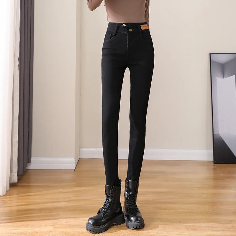 Autumn Woman Skinny Jeans High Waist Slim Korean Elastic Pencil Pants Female Fashion Denim Trousers Brand Grey Black