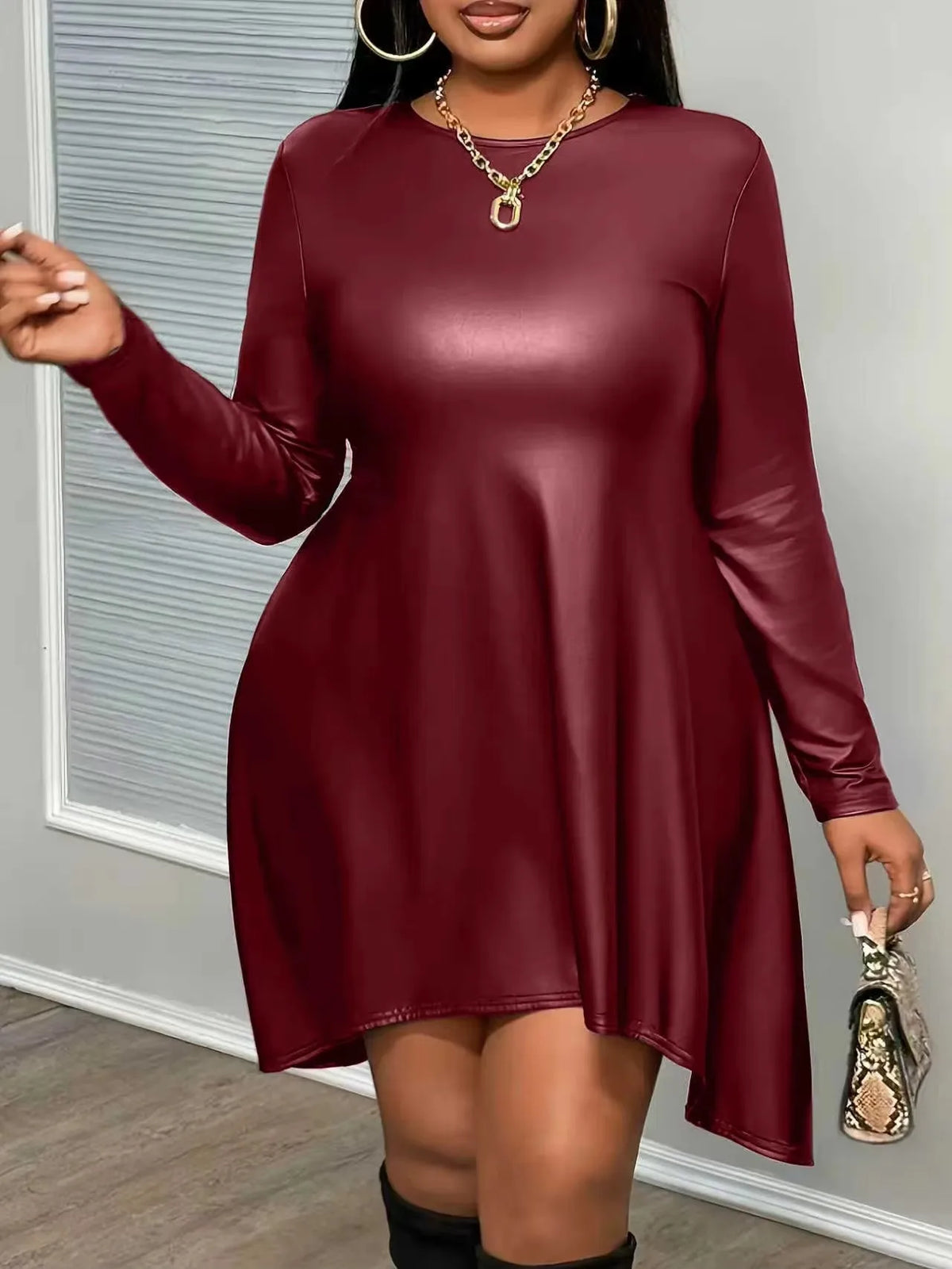 Casual Dress European and American Plus Size Women's Long Sleeve Round Neck PU Leather Casual Dress