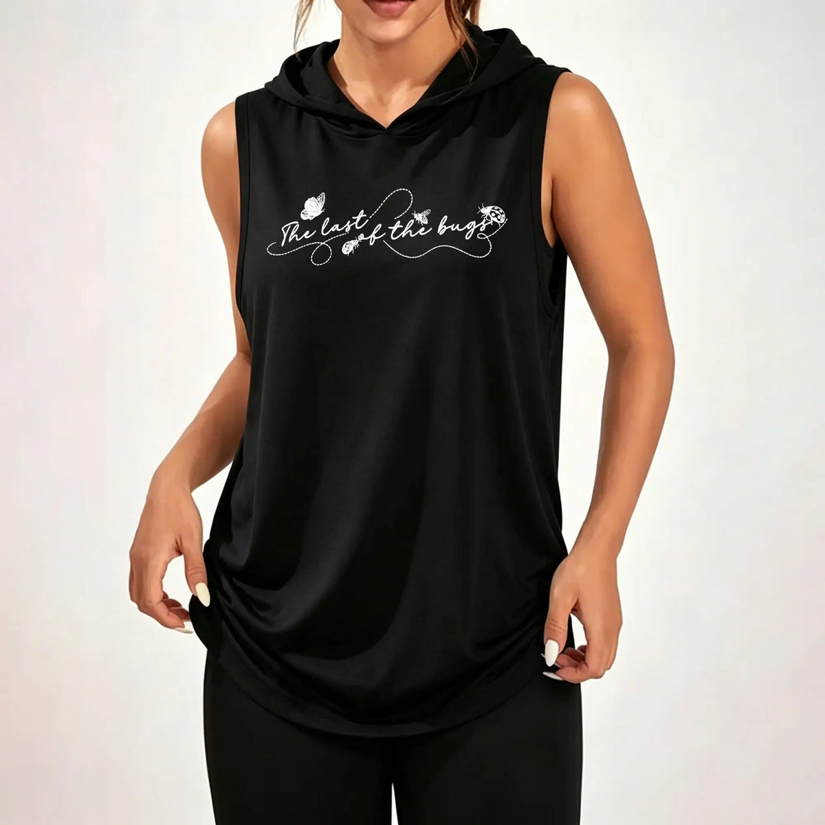Women's Sleeveless Hoodie, The Last Of The Bugs Butterfly Ladybug Insect Cursive Script Print Casual Hooded Tank Top