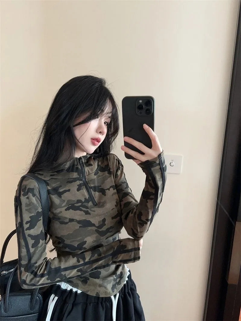 Women's Fashion Camo Print Half Zipper Hoodie Long Sleeve Tee Unique Design Slim Fitted Casual Pullover Tops for Women