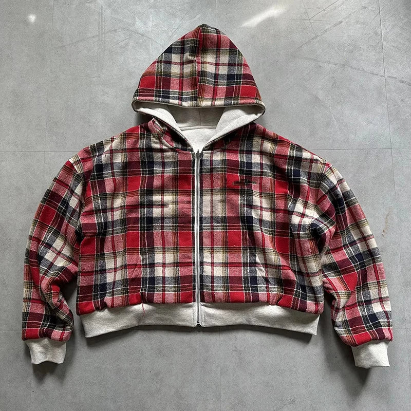 Korean Fashion Double Side Wear Plaid Hoodies Women Autumn Winter Zip Up Y2K Hooded Shirt Coats Trendy Female Loose Sweatshirts