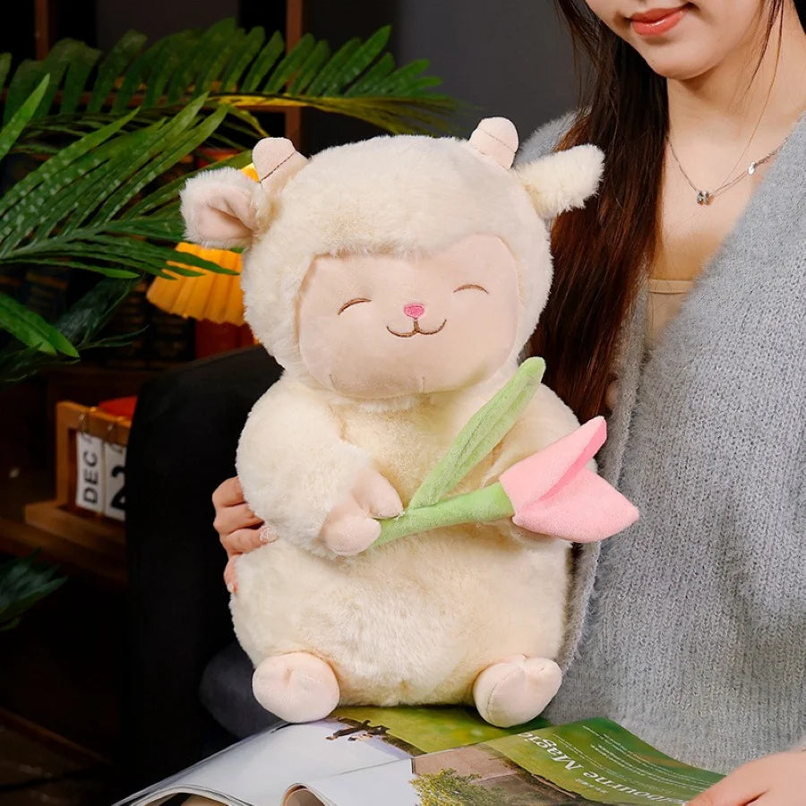 Kawaii Sweet White Sheep Lam Hold Tulip Flower Plush Doll Soft Stuffed Lamb With Tulip Plushie Toy Cute Gift For Kid Birthday