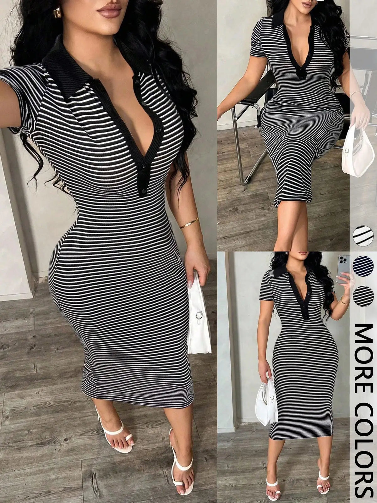 Women's Casual Minimalist Commute Style Short Sleeve Black White Stripe POLO Shirt Dress 1 Piece