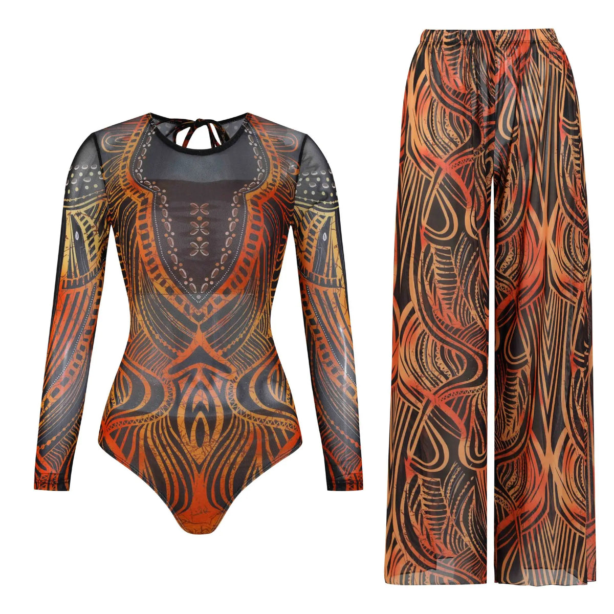 Women's Long Sleeve Swimwear Sunscreen One Piece Swimsuit High Elastic Thickened Mesh Loose Pants SPF35+ Fitness Beachwear