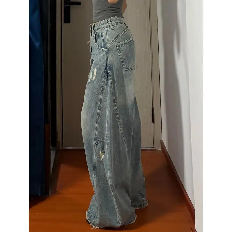 2026 Distressed Wide Leg Denim Jeans Women's High Waist Straight Cut Comfortable Casual Stylish Torn Hole Design