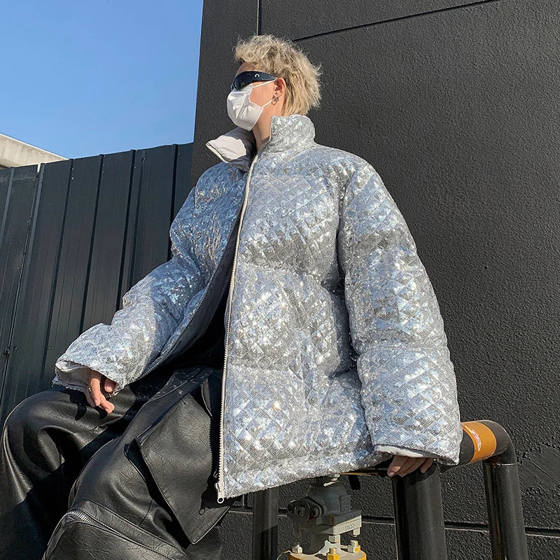 Winter Thickening Sequin Jacket Men's Warm Parka Men Fashion Casual Hooded Coat Man Streetwear Loose Hip Hop Coat