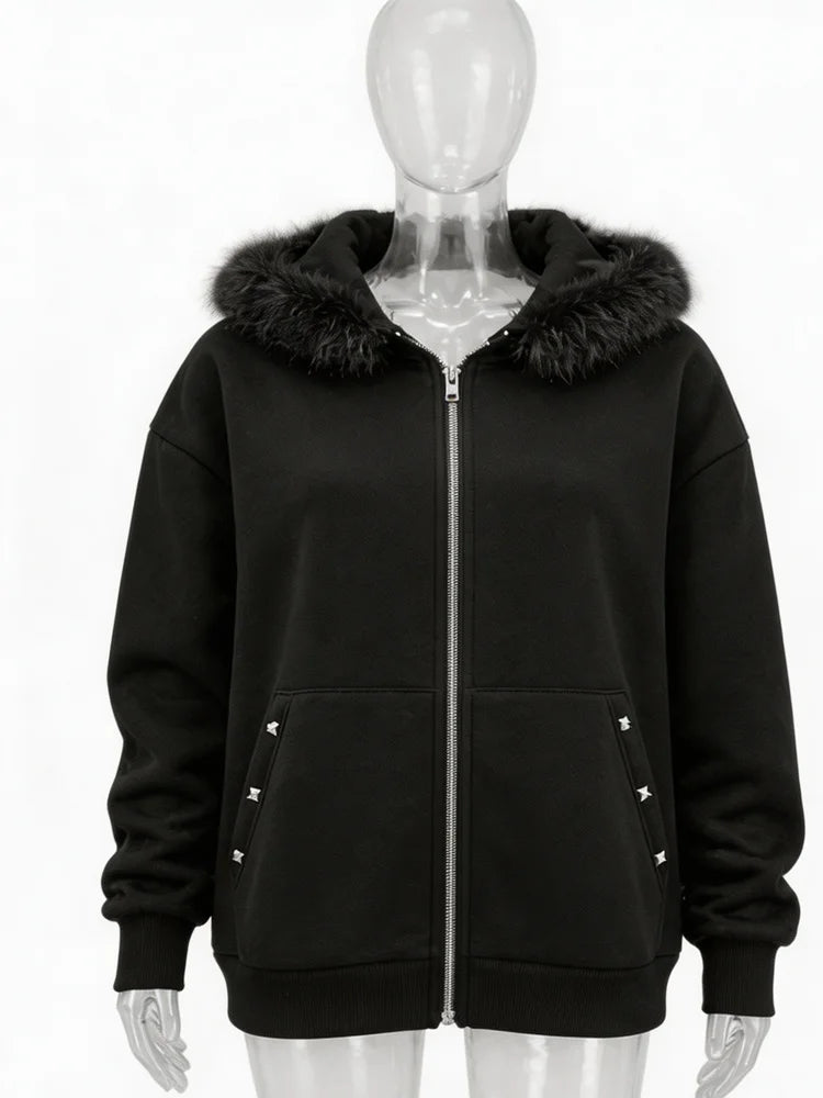 Women Oversized Zip Up Aesthetics Hoodie Winter Faux Fur Hooded Sweatshirt Y2K Streetwear Casual Warm Hoodie