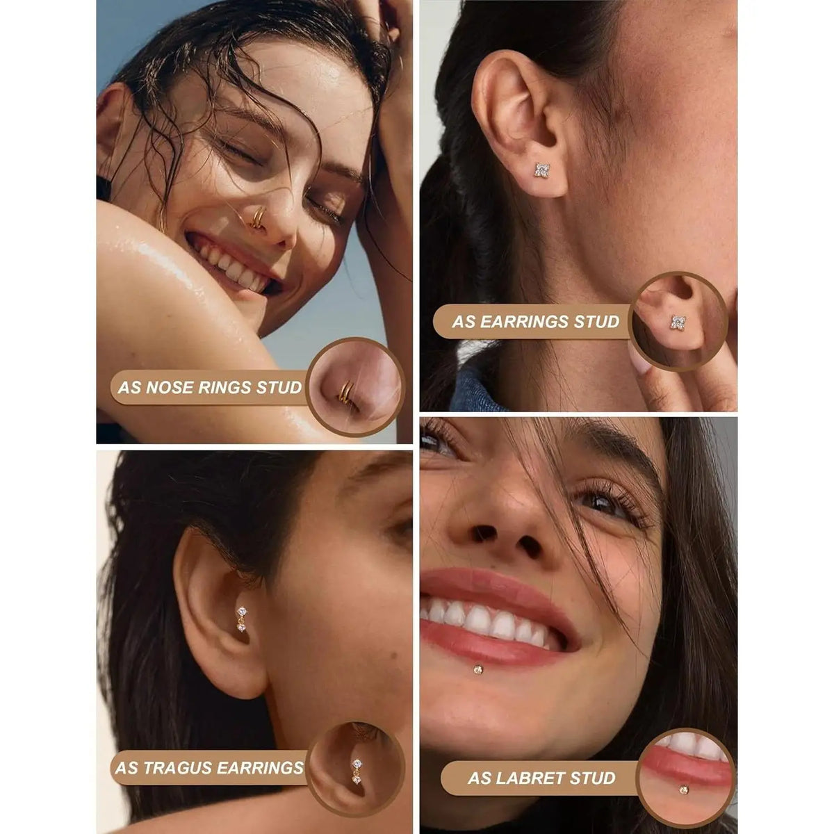 4 Pairs Gold Plated Flat Back Earrings Studs for Women Men CZ 316L Surgical Steel Nose Tragus Helix Lip Piercing Jewelry