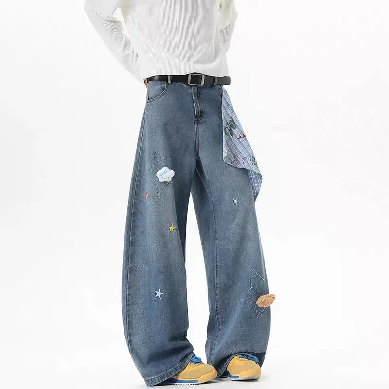 ZHIZOU 2025 Autumn Women Blue Y2k Baggy Printing Jeans Harajuku Aesthetic 2000s Denim Trousers Vintage Jean Pants Trashy Clothes