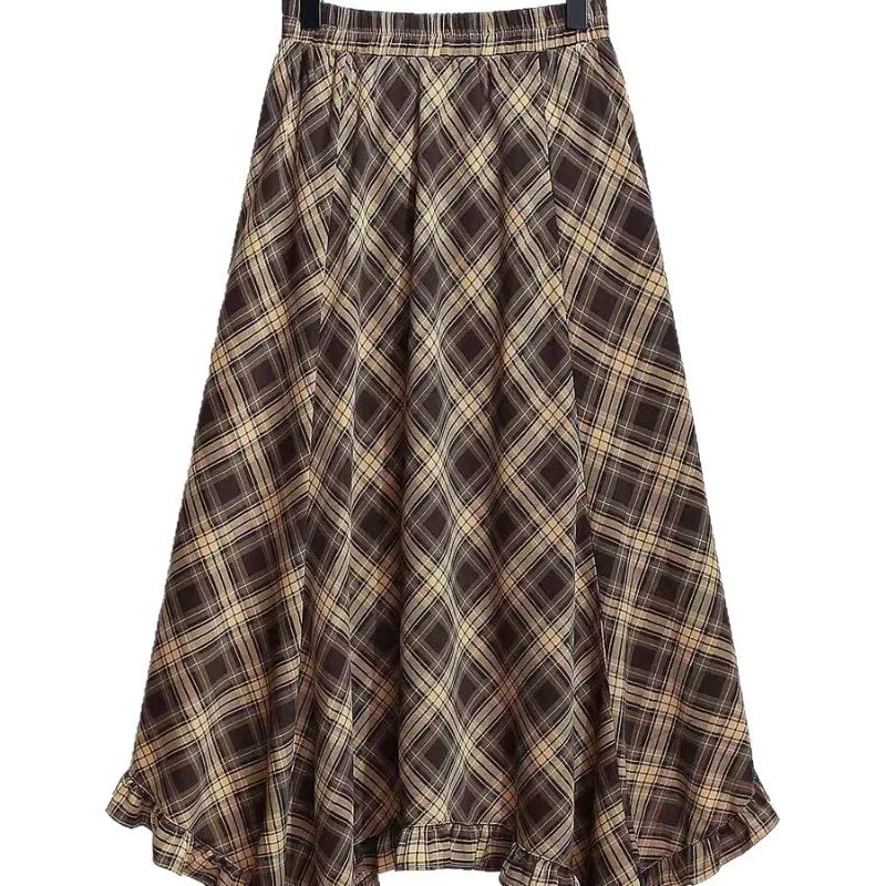 Women 2 Piece Outfit Long Sleeve Irregular Top and Plaid Long Skirt Set Bow Decor Two Piece Set Casual Party Matching Sets