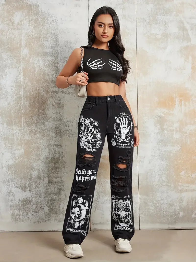 2025 Style Women's Jeans Women's Spring And Autumn Hot Selling Street INS Same Style Print Ripped Straight Jeans