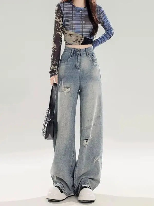 Retro American Washed Denim Jeans High Waist Loose Slim Straight Leg Wide Leg Long Pants Women Summer Style Casual Jeans