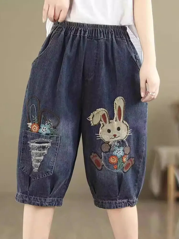 Summer Thin Cartoon Embroidered Loose Casual High Waist Harem Shorts Women's Five-Quarter Length Jeans Style Loose Fit Shorts