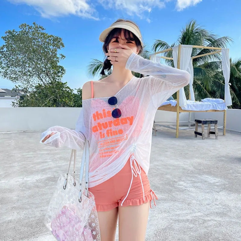 Women 3‑Piece Bikini Set High Waist Ruffle Shorts Swimwear Long Sleeve Sheer Cover Up Beach Bathing Suit for Pool Holiday Travel