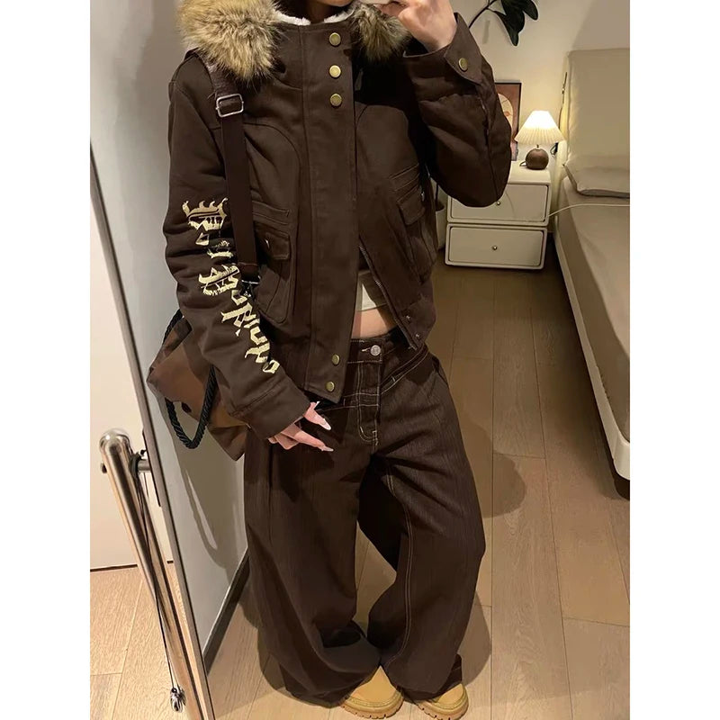 ZHIZOU American Pattern Embroidery Baggy Brown Jeans Women High Street Vintage Y2K 2000s Hip Hop Fashion Casual Wide-leg Pants