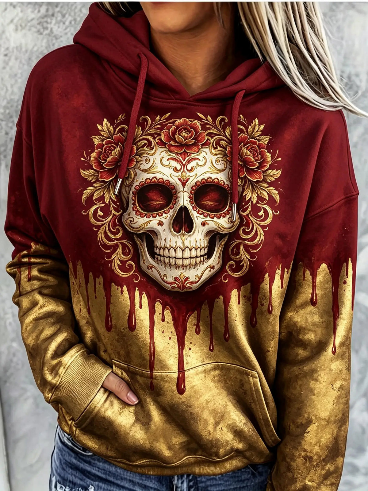 Women Fleece Hoodie Skull Floral Peony Ink Drip Print Long Sleeve Drawstring Pocket Loose Casual Hooded Sweatshirt