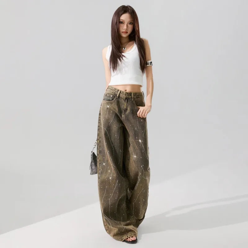 Women's Korean Style Loose Rhinestone Wide Leg Jeans 2026 Summer Vintage Wash American Retro Casual Streetwear Denim Pants