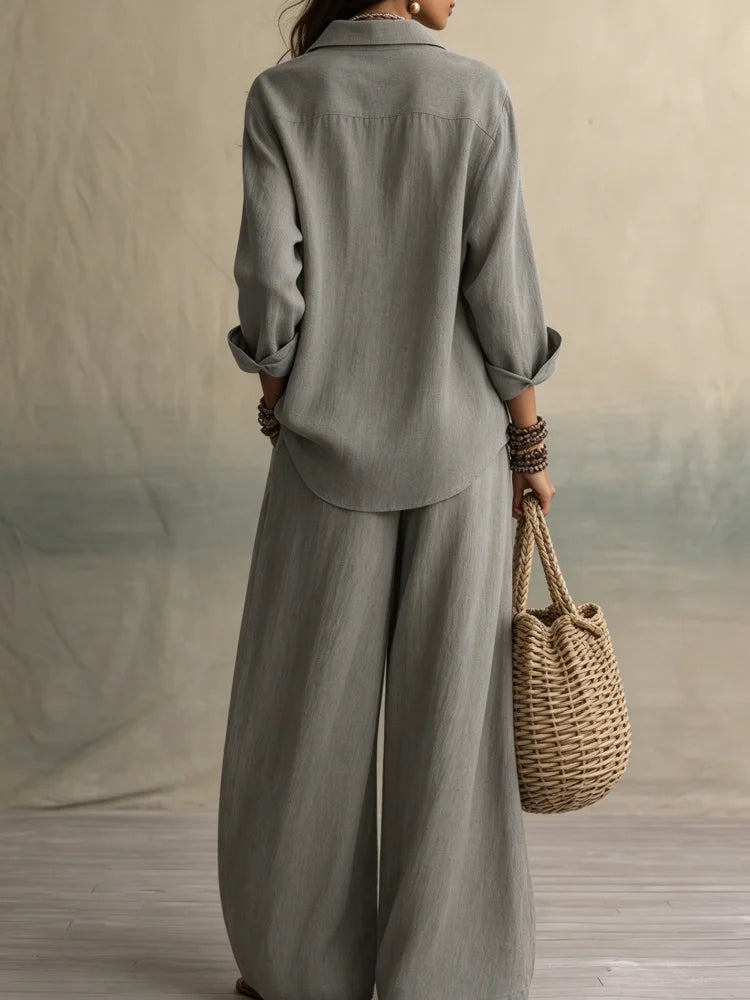 Women Co Ord Set Lapel Shirt Wide Leg Pants 2 Piece Outfit Solid Long Sleeve Button Down Matching Suit Casual for Vacation Daily