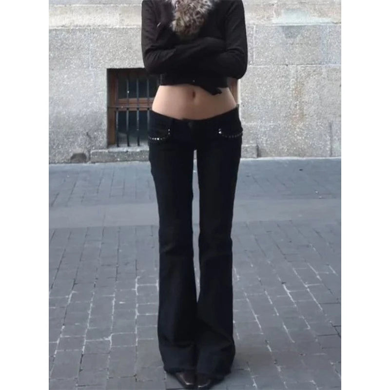Women's Low Rise Jeans Black Flared Denim Pants Gyaru American Retro Korean Cyber Punk Trumpet Jeans Y2k Skinny Bell Bottom