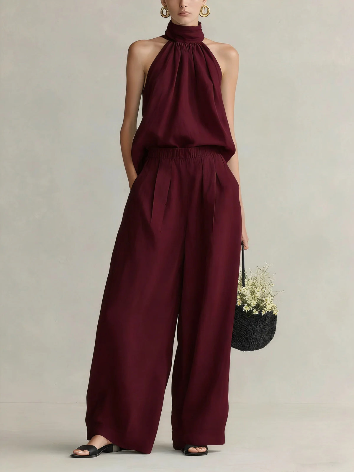 Women's 2026 Summer Style Sleeveless Neck-Hanging Top + High-Waisted Drapey Wide-Leg Pants Leisure Set
