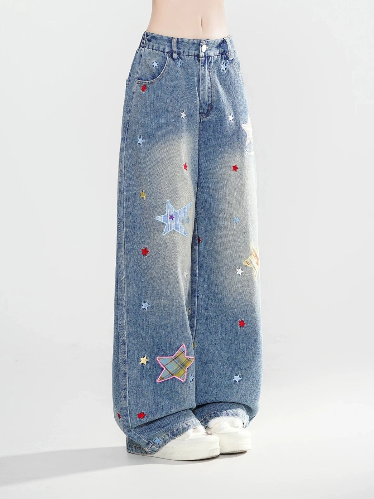 Casual Loose Wide Leg Jeans Women's Design Sense Star Embroidery Straight Street Style Blue Denim Pants Low Waist Zipper