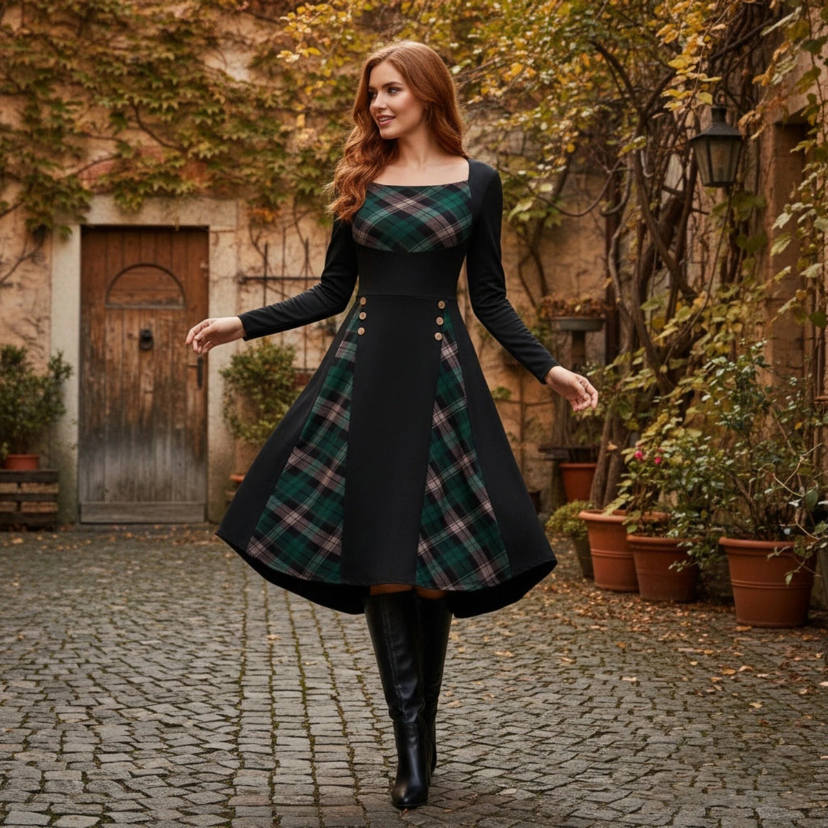 Women Vintage Plaid Patchwork Midi Dress Long Sleeve Square Neck Flared Dress Button Decor Autumn Casual Party Swing Dresses