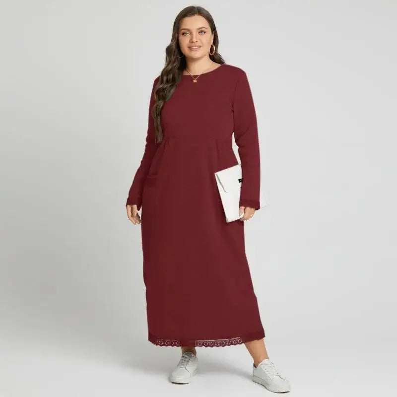 Plus Size 0XL-5XL Women's Fall Loose Fashion Dress Knitted Lace Long Dress Padded Sweater Casual Dress Sports Dresses