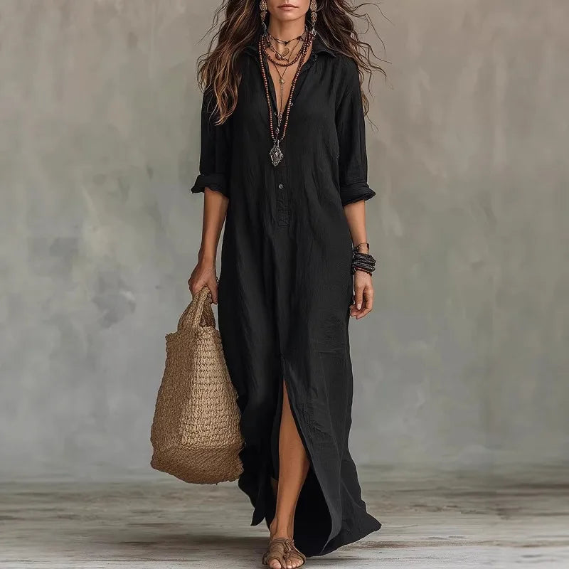 Women Lapel Collar Maxi Dress Half Button Rolled Sleeve Front Split Long Dress Woman Clothes Casual Loose Vacation Shirt Dress