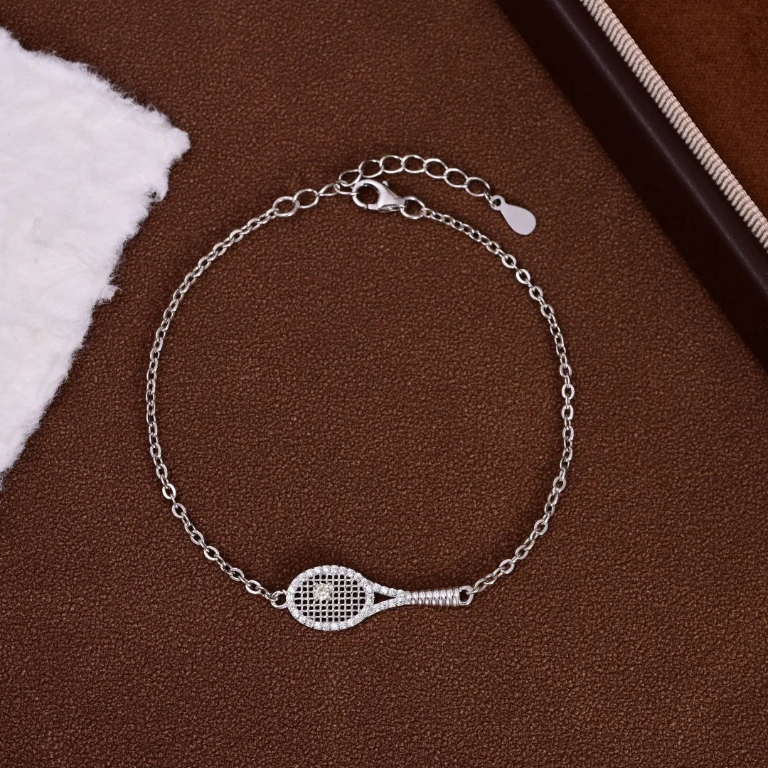 S925 Sterling Silver Inlaid Zircon Tennis Racket Pendant Necklace and Bracelet Set - Women's and Girls' Jewelry Accessories SL56