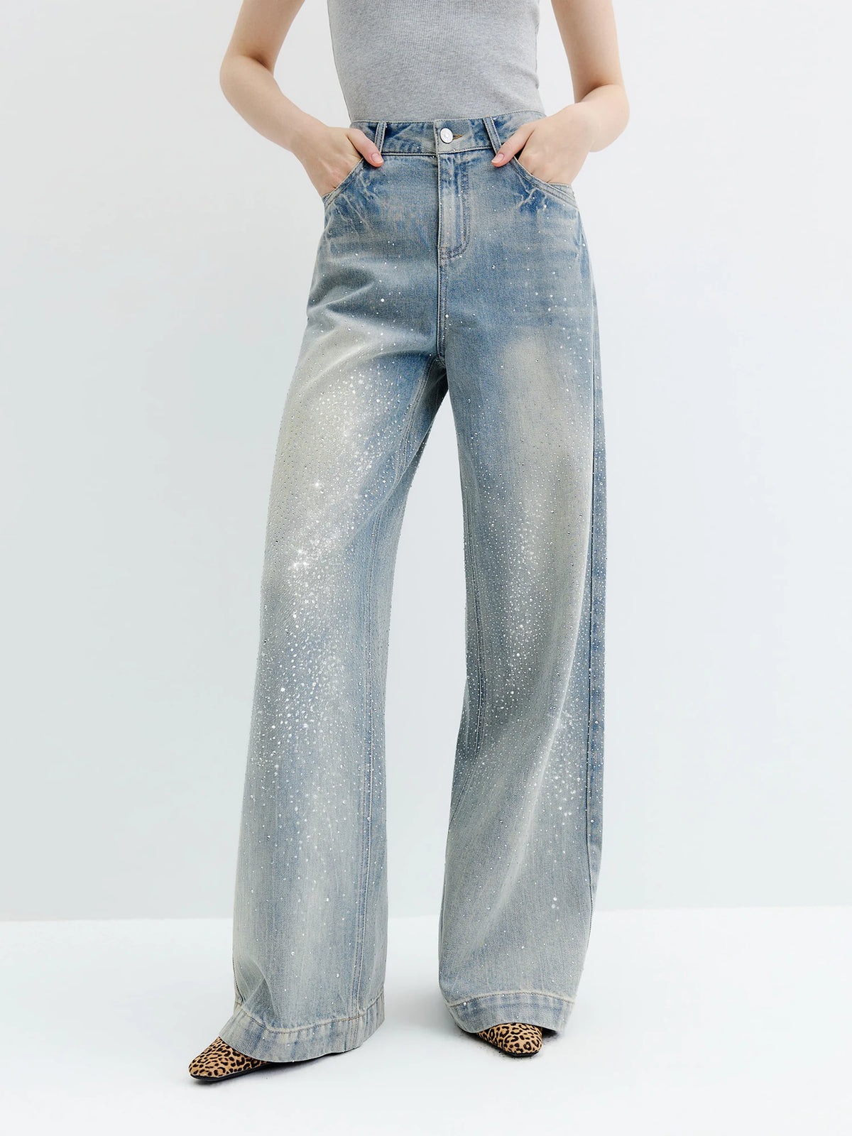 Jeans FSLE 2026 Women‘s Vintage Washed Rhinestone Straight Wide Leg Jeans Heavy Craftsmanship Embellished Denim Pants Commute Style