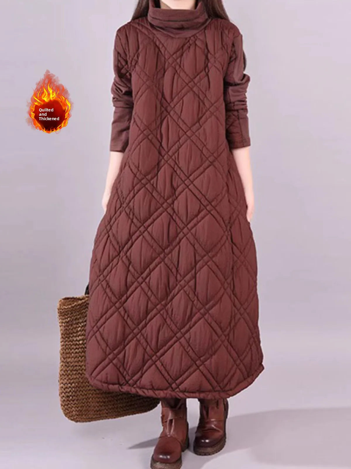 Afashion Casual High Collar Patchwork Thickened Long Women's Dress Winter plus Size Fashionable Splicing Diamond Grid Cotton In