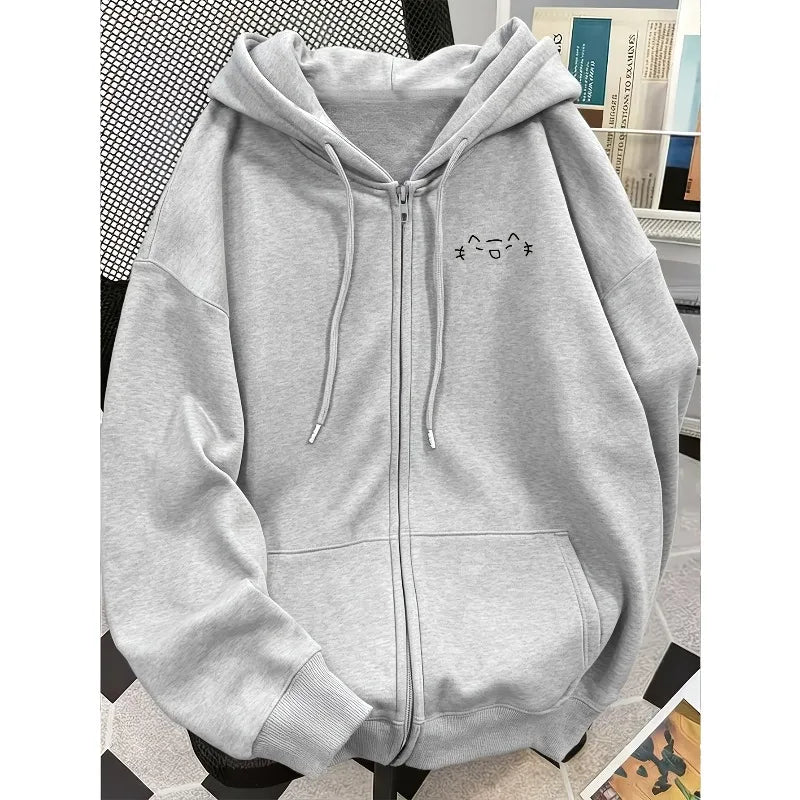 Women'S Spring Autumn Winter Fleece Lined Hooded Zip-Up Sweatshirt Jacket, Loose Zip Style for Street Trendy Look