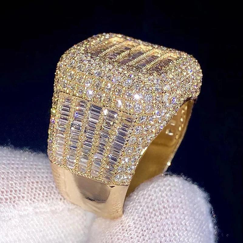 Huitan Gorgeous Gold Color Wedding Rings for Women Square Shaped Wide Band Rings Bling Bling CZ Engagement Party Trendy Jewelry