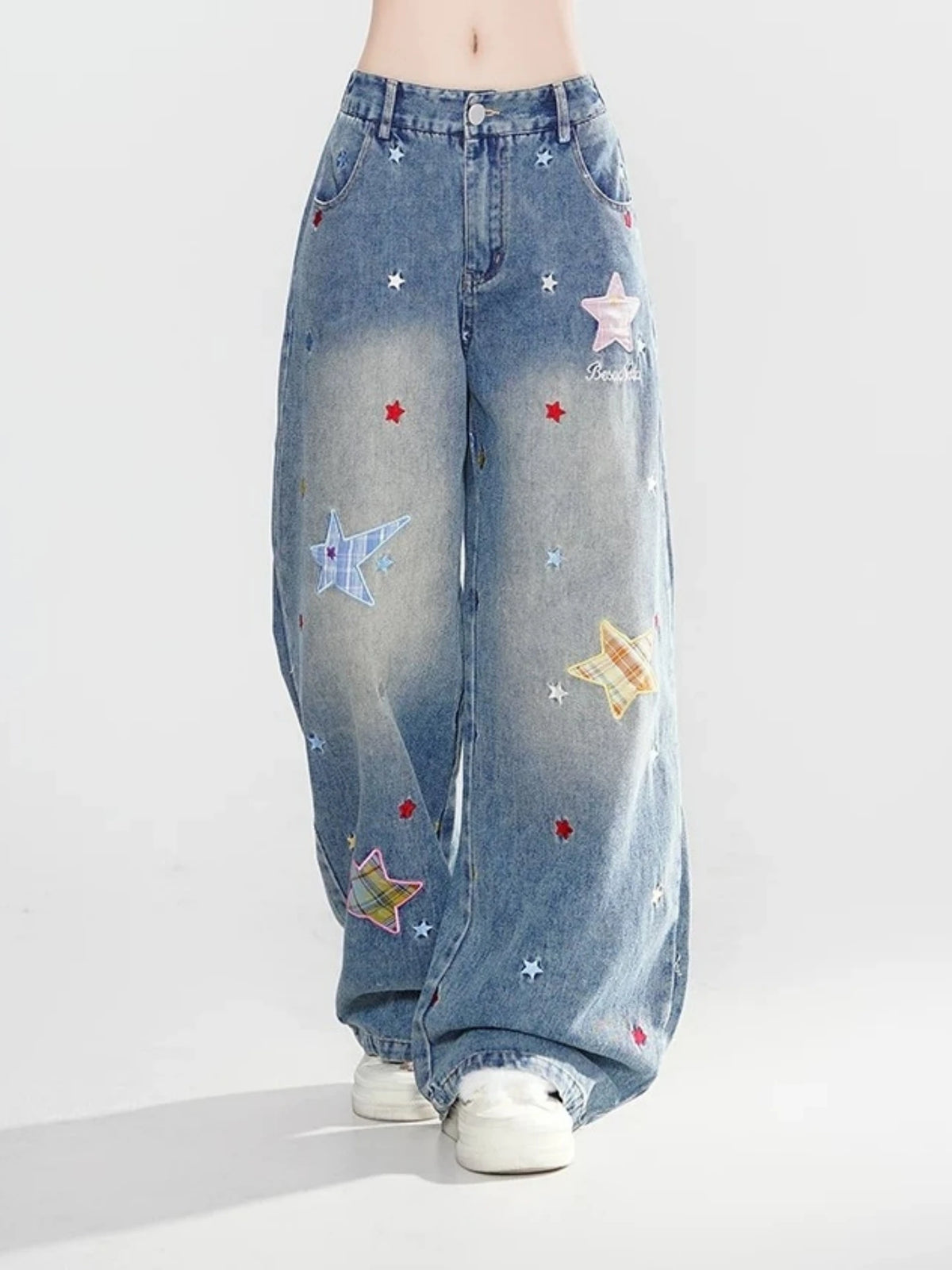 Casual Loose Wide Leg Jeans Women's Design Sense Star Embroidery Straight Street Style Blue Denim Pants Low Waist Zipper