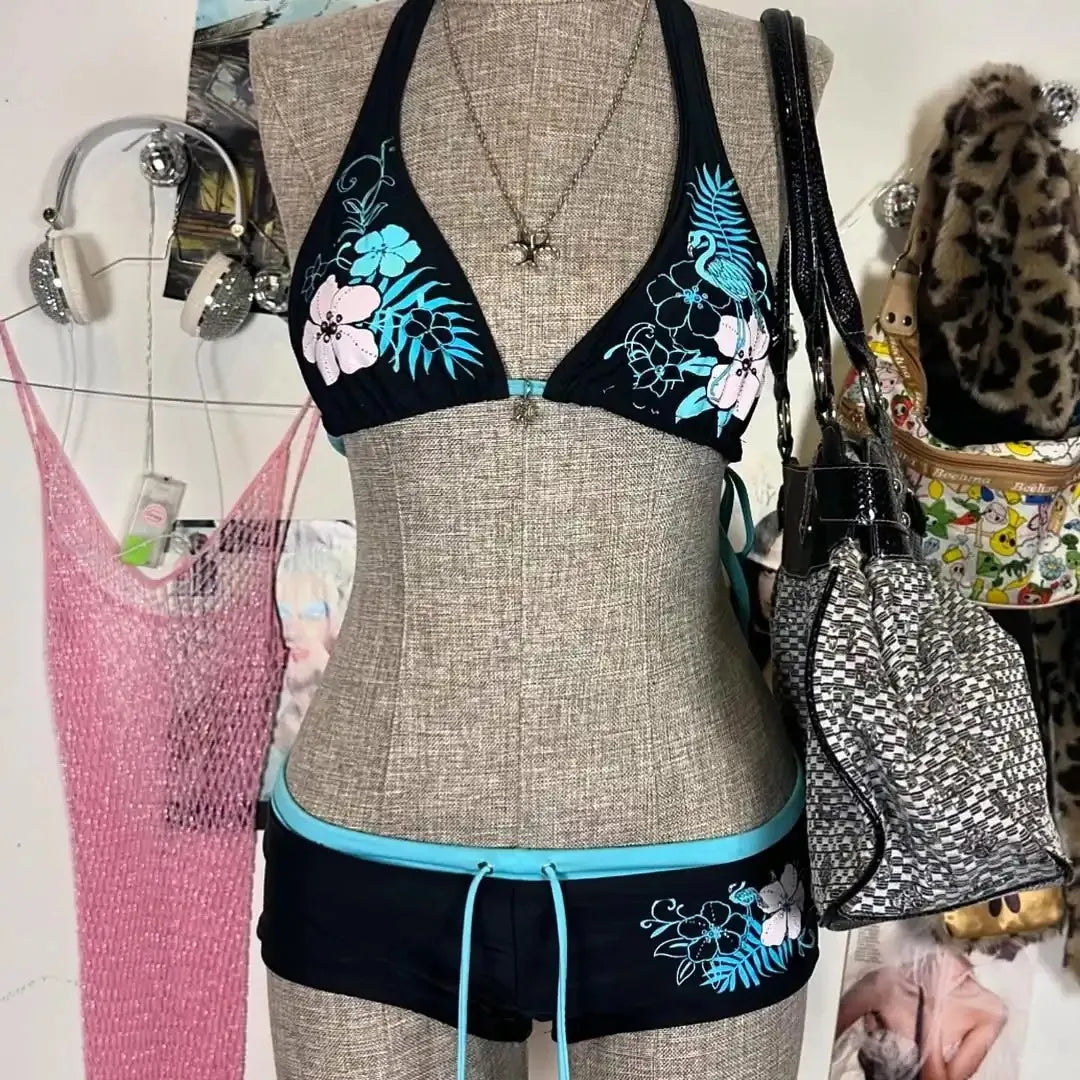 UETEEY 2025 Summer Swimwear Bikinis Set Sexy Printed Lace Back Naked Bikini 2 Pieces Set Women's Swimwear Slit Beach Bikini