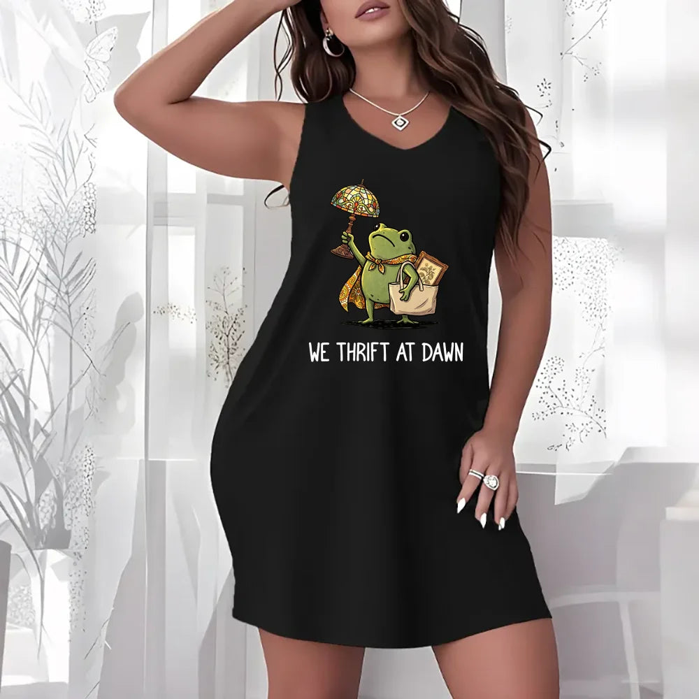 Casual Dress Women Sleeveless Crew Neck Dress Funny Frog We Thrift At Dawn Slogan Print Loose Casual Dress Home Loungewear Sleeveless Dress