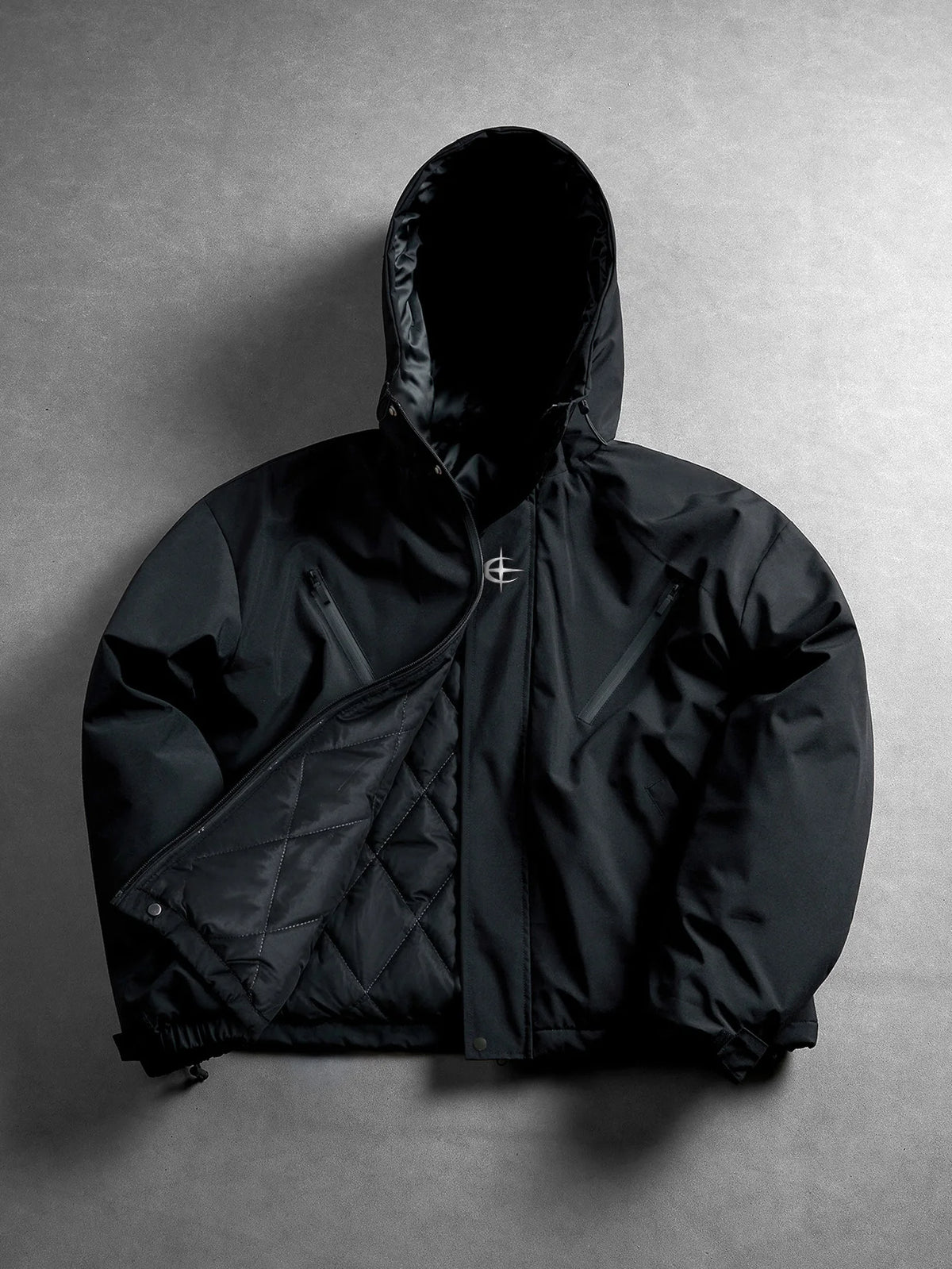 Men Hooded Windproof Jacket, Simple Logo Print on Chest, Diagonal Zipper Pockets, Adjustable Drawstring for Hood & Hem, Elastic Cuffs, Loose Fit, Water Resistant Fabric, Autumn Winter Outdoor Casual Outerwear